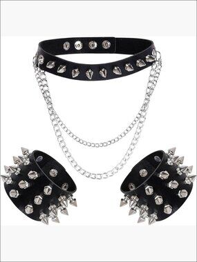 Faux Leather Spike Choker Studded Bracelet Cuffs Set Punk Gothic Accessories
